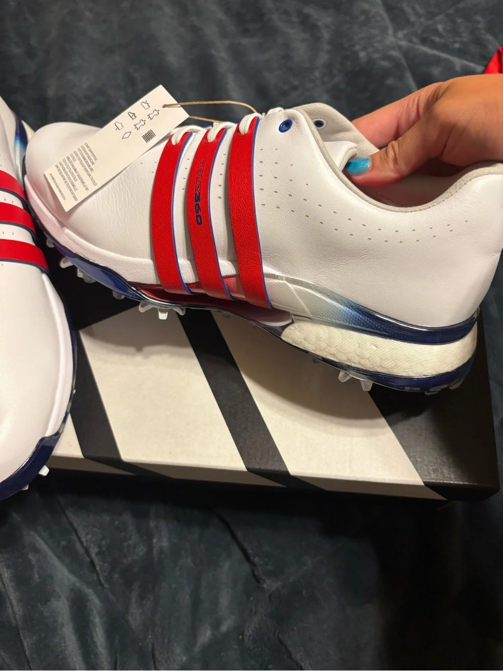 adidas White Sneakers with Red Three-Stripes and Blue Accents